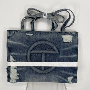 Telfar Large Denim Shopping Tote Bag Crossbody Distressed Blue